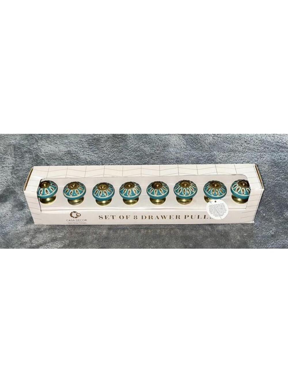 Set 8 Casa Decor Ceramic Drawer Cabinet Pull Knobs Handmade Turquoise & Gold NIB